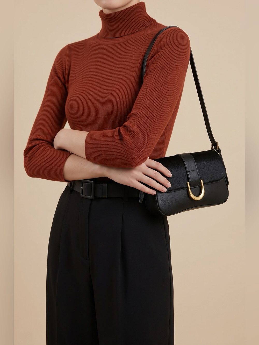 Rachel Zoe Black Leather Shoulder Bag with Gold Accent